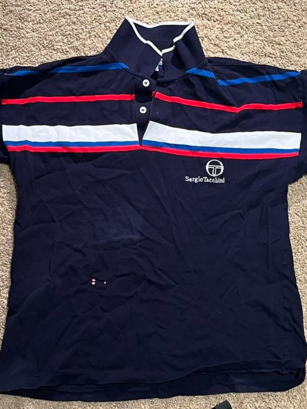 Sergio Tacchini navy polo shirt with red, white, and blue horizontal stripes